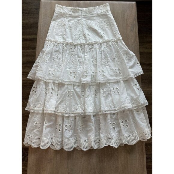 Alexis Faustine Ruffled Broderie Anglaise Cotton Midi Skirt White Medium Tiered - Picture 7 of 8